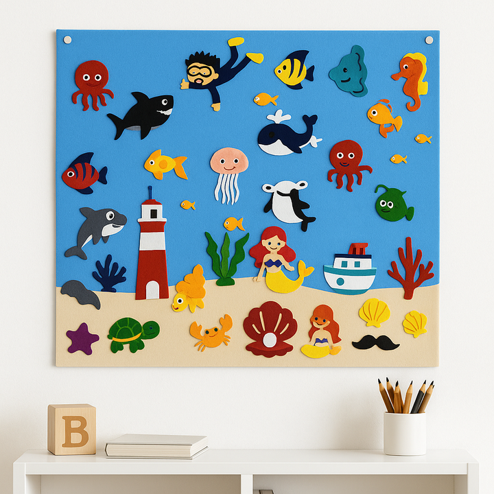 Underwater felt board with sea creatures, a diver, and a lighthouse above a desk