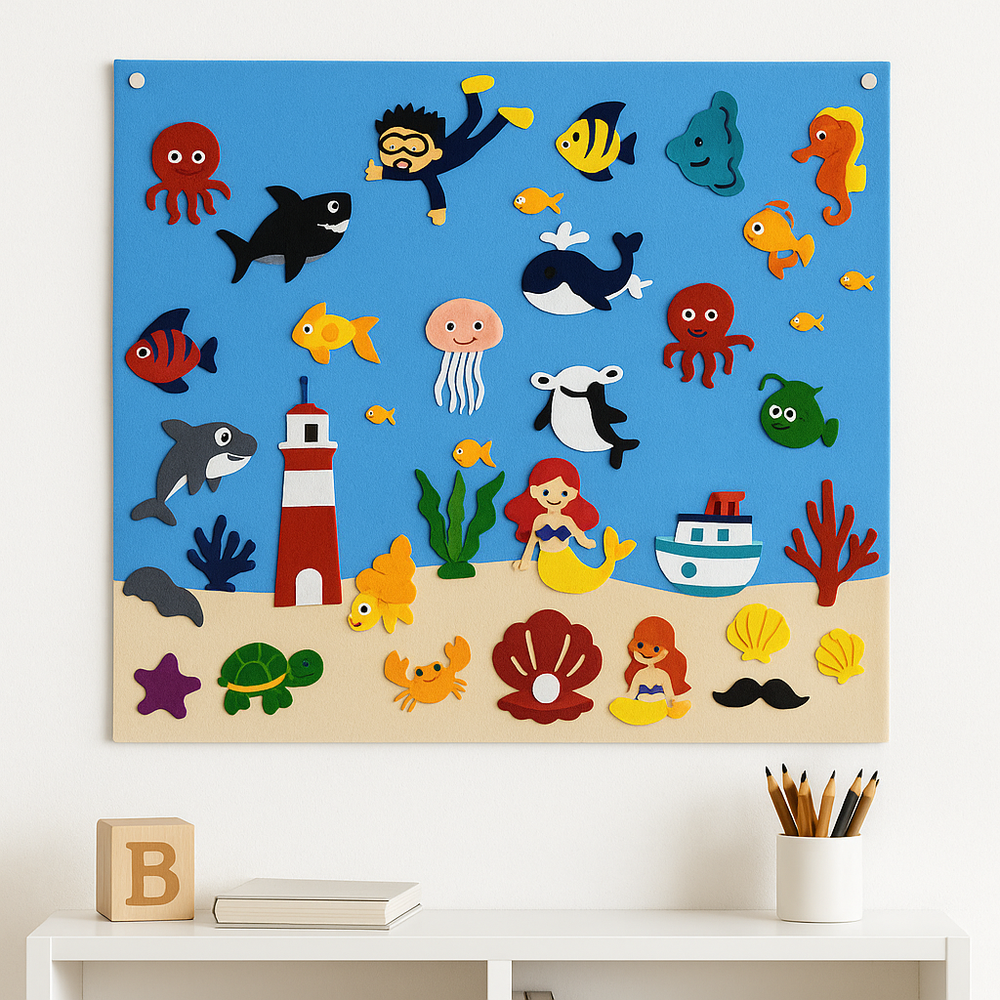 Blue underwater felt board with sea animals, a diver, lighthouse, mermaids, and a boat