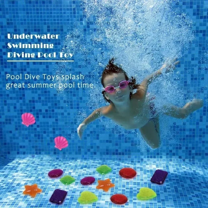 Child swimming underwater toward colorful toy shapes on a tiled pool floor