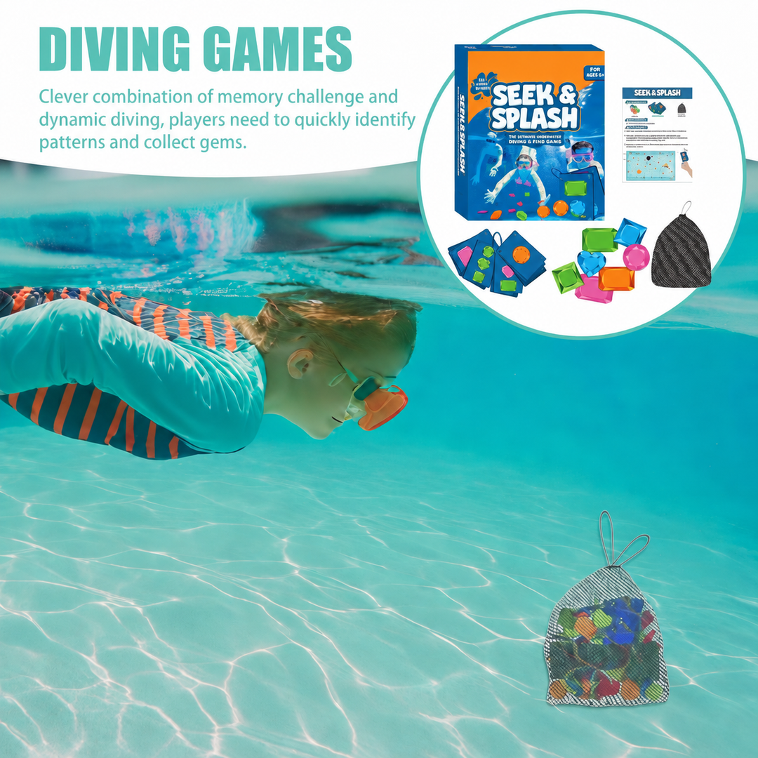 Underwater swimmer beside a mesh bag of gems, with the matching cards and game set shown above.
