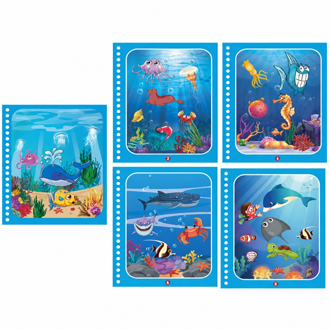 Underwater water coloring book cover with four scenes featuring fish, sharks, and other sea creatures.