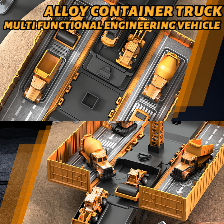 Mini construction vehicles on roadway ramps inside the unfolded truck playset