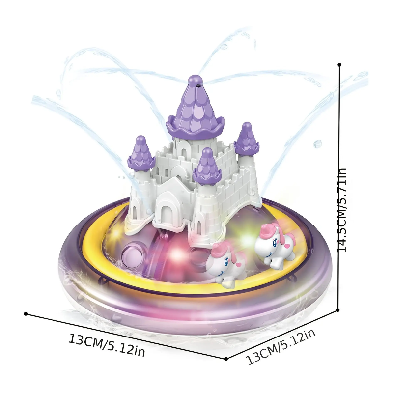 Unicorn castle bath toy dimension diagram showing a 13 x 13 cm base and 14.5 cm height