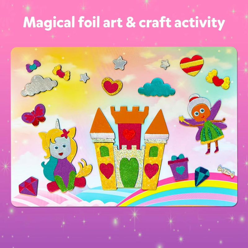 Completed foil sticker scene with a unicorn, castle, fairy, and rainbow