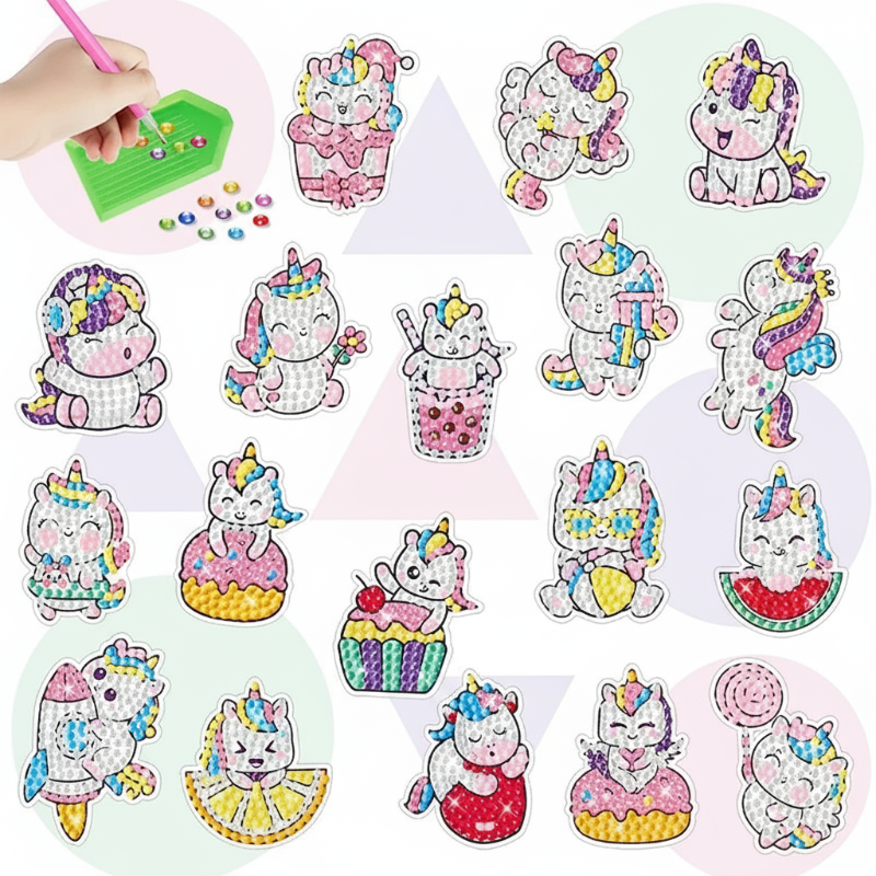Unicorn diamond painting stickers with ice cream, cupcakes, and fruit