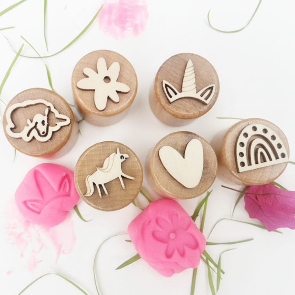Unicorn-themed wooden stamps with a flower, rainbow, and heart beside pink dough impressions.