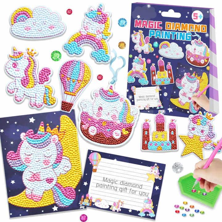 Unicorn gem sticker craft kit with colorful designs, a pink placement pen and a green tray