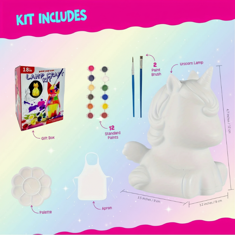 Unicorn lamp kit contents with 12 paints, two brushes, a palette, an apron, a gift box, and measurements.