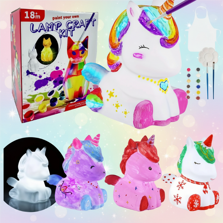 Unicorn lamp painting kit showing a white unicorn with colorful mane details and alternate painted designs.