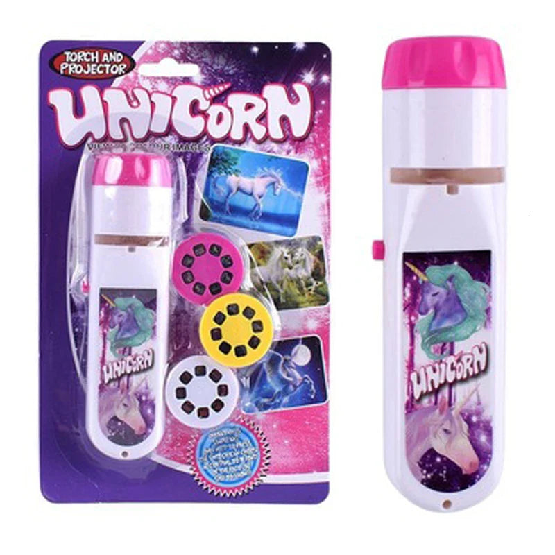Pink-and-white unicorn projection flashlight with three slide discs and matching packaging