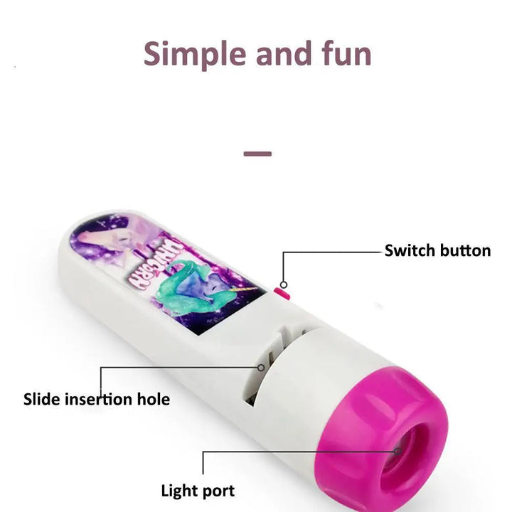 Unicorn projection flashlight showing the side switch, slide slot, and projection opening