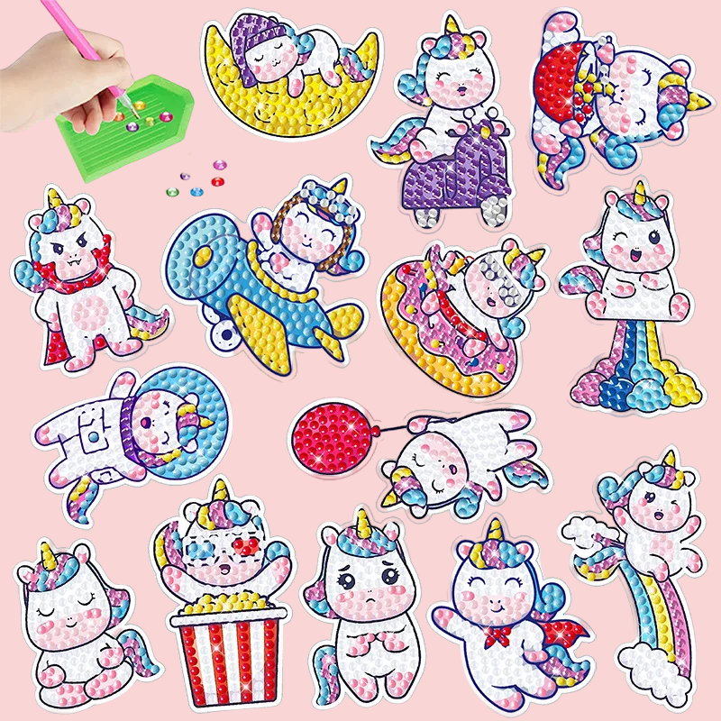 Unicorn diamond painting stickers with a rainbow, teacup, popcorn, and doughnut