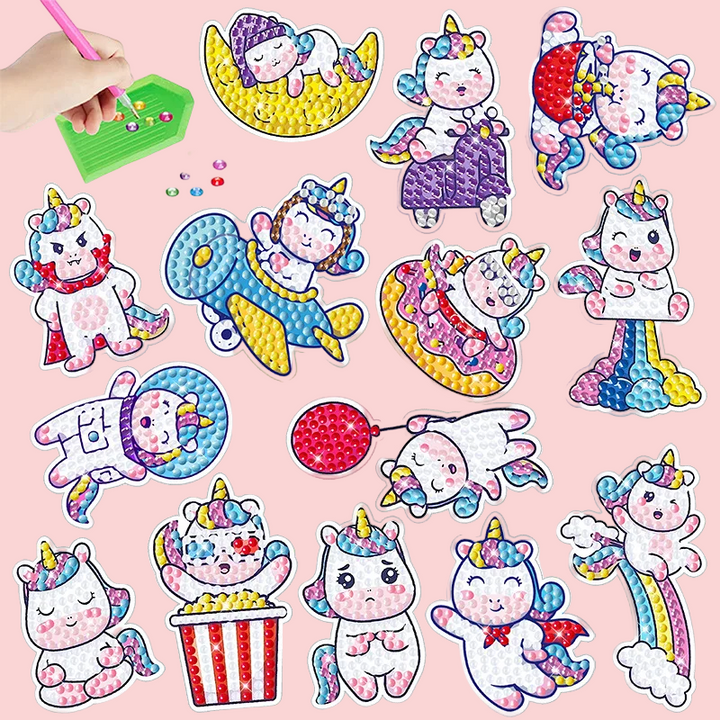 Unicorn diamond painting stickers with a rainbow, teacup, popcorn, and doughnut