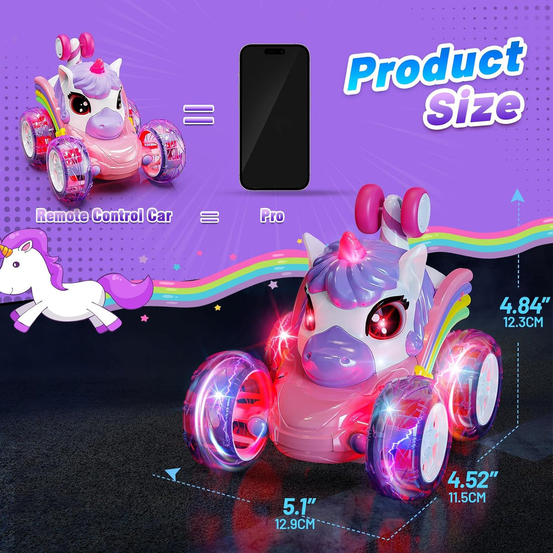 Unicorn RC car size chart showing 5.1-inch length, 4.52-inch width, and 4.84-inch height