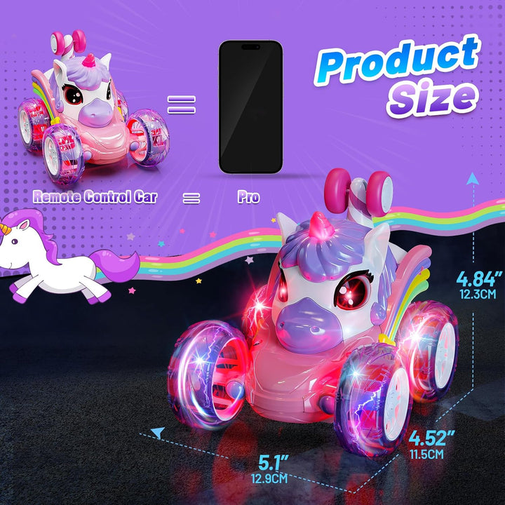 Unicorn RC car size chart showing 5.1-inch length, 4.52-inch width, and 4.84-inch height
