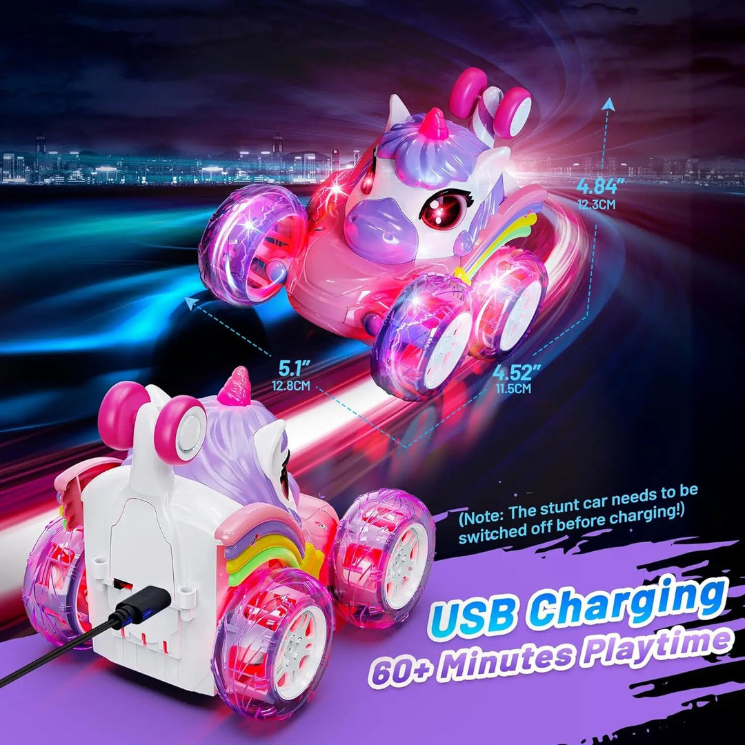 Unicorn RC car graphic showing USB charging, illuminated wheels, and measurements
