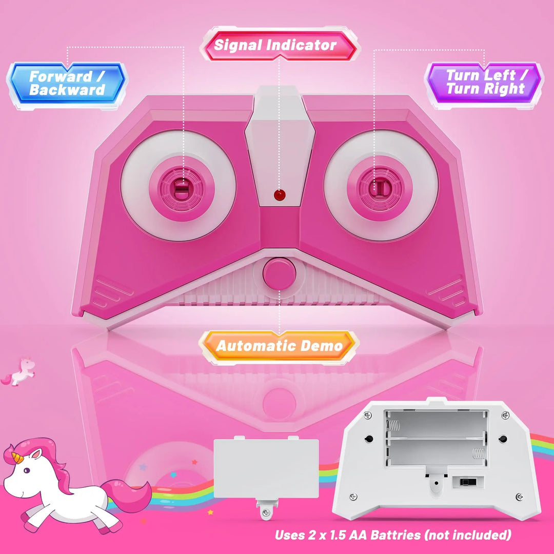 Pink RC controller showing driving controls, automatic demo button, and a two-AA battery compartment
