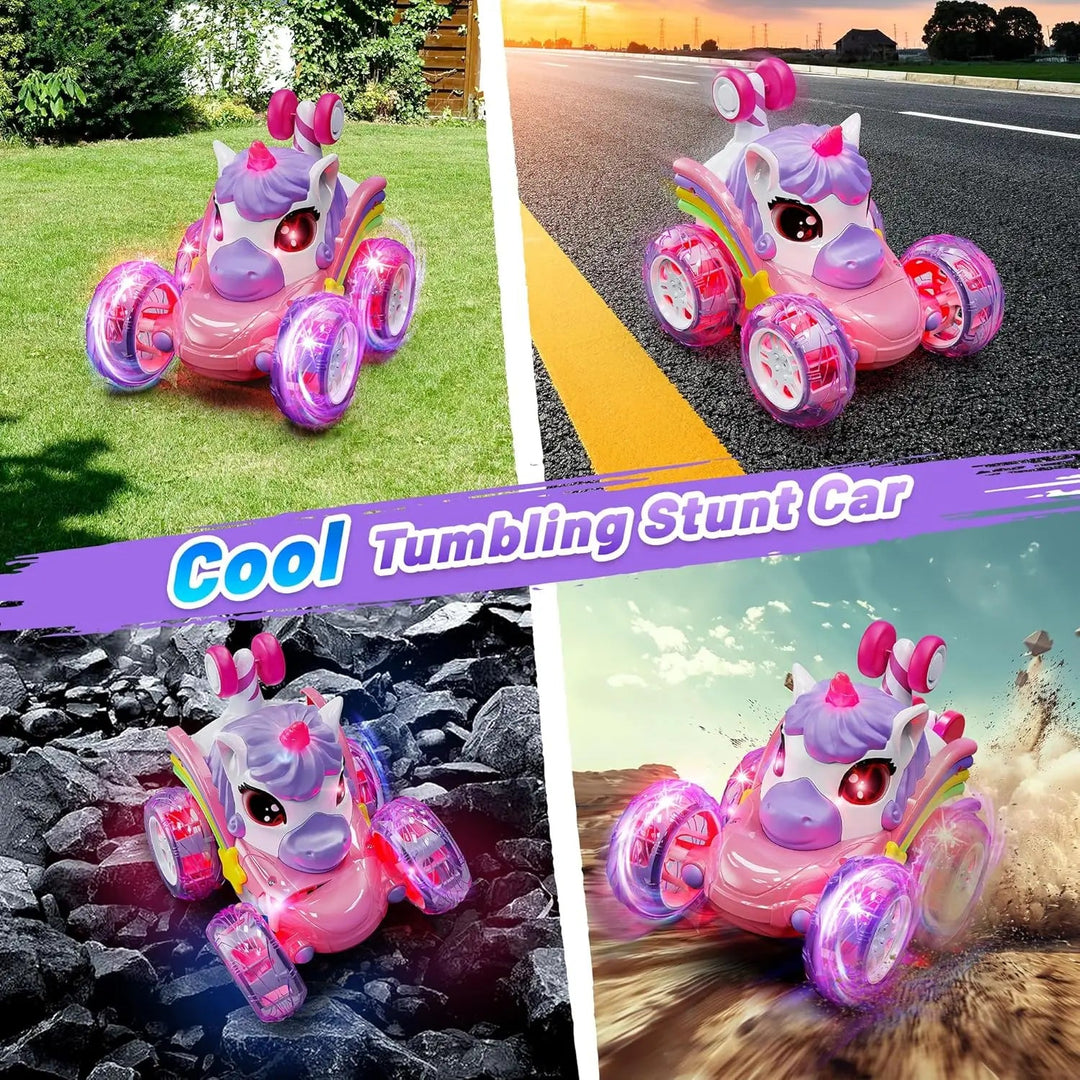 Unicorn RC stunt car shown on grass, pavement, rocks, and a dirt path