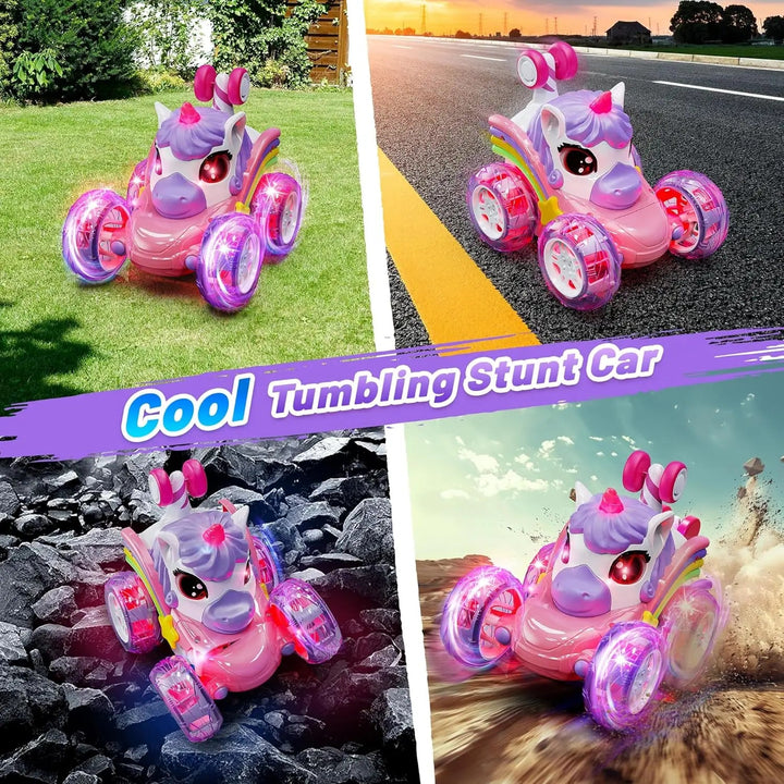 Unicorn RC stunt car shown on grass, pavement, rocks, and a dirt path