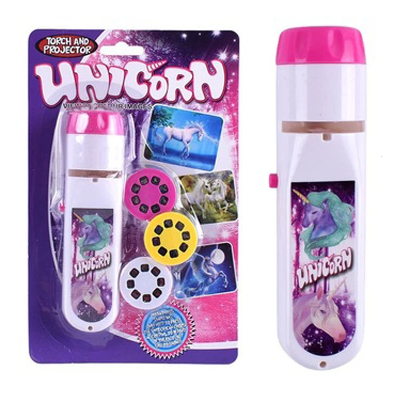 Unicorn projection flashlight displayed beside its package containing three picture discs