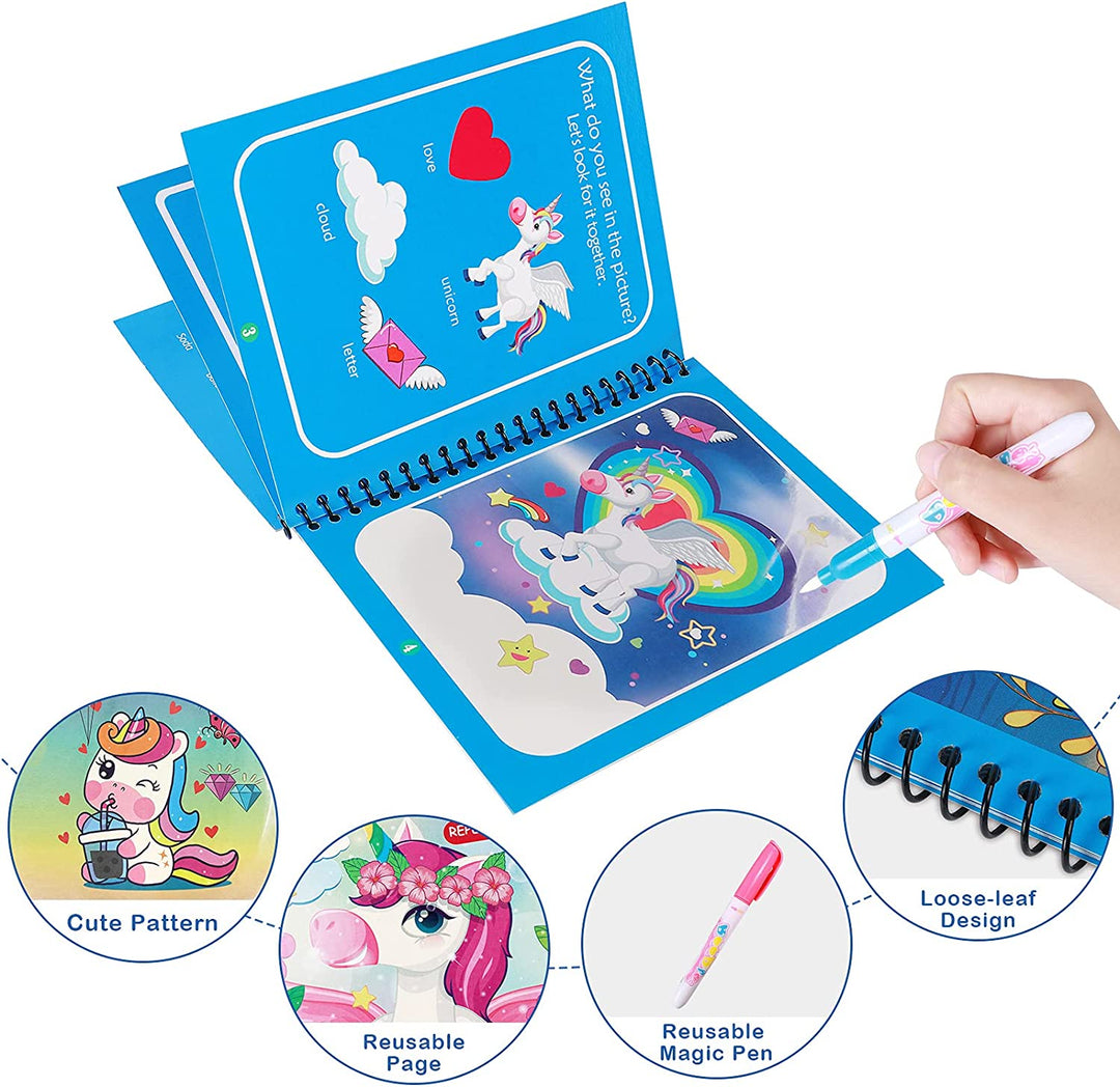 Open unicorn water coloring book with a water pen, reusable page details, and spiral binding.