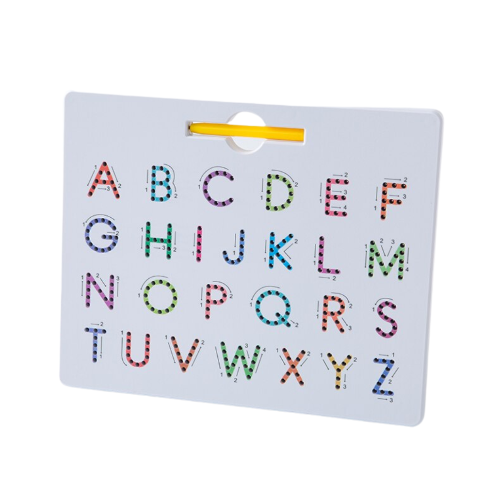 White magnetic alphabet board with multicolored uppercase letters and a yellow stylus.