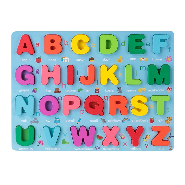 Complete uppercase alphabet puzzle with colorful letters and small picture clues