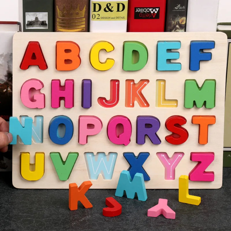 Colorful uppercase wooden alphabet puzzle with loose letter pieces in front