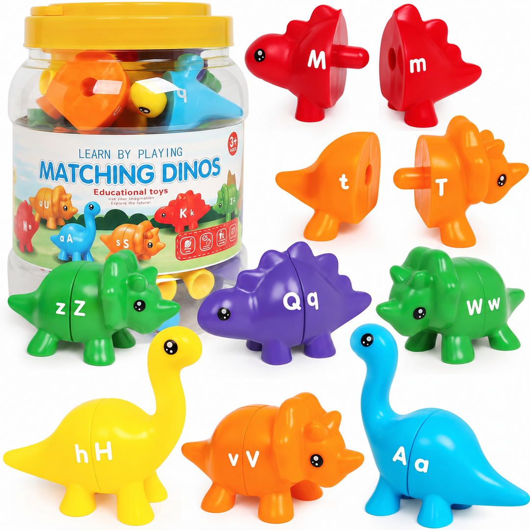 Letter dinosaur set with uppercase and lowercase pairs, separated halves, and a yellow-lidded bucket