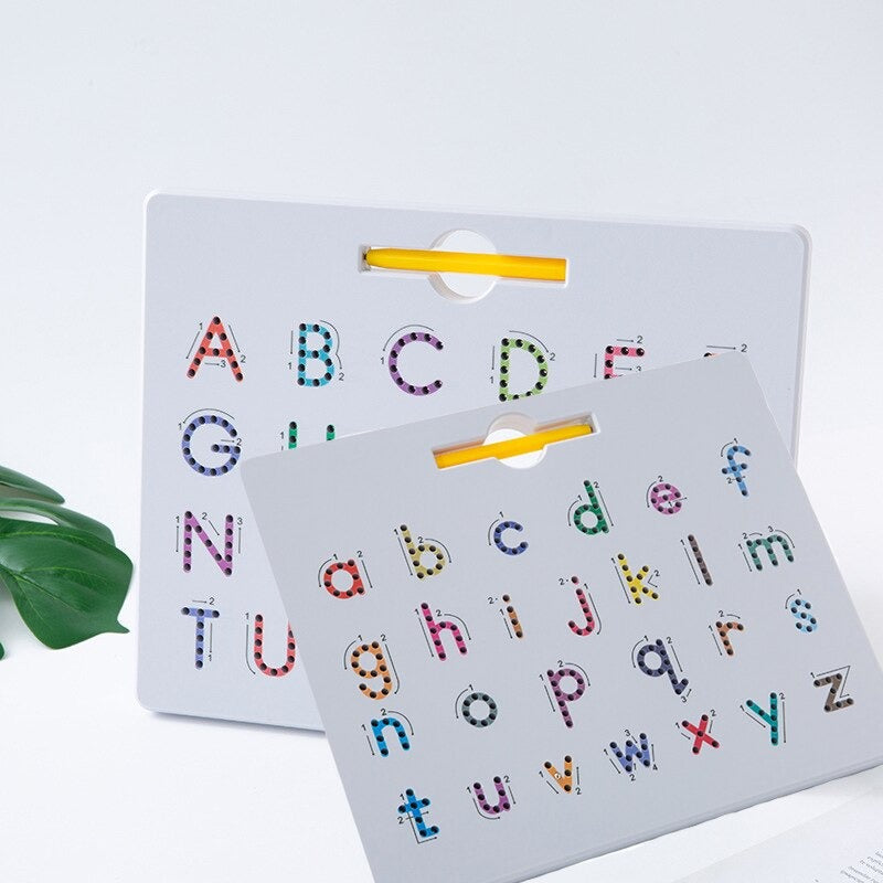 Uppercase and lowercase alphabet board layouts with multicolored letter paths and yellow styluses.