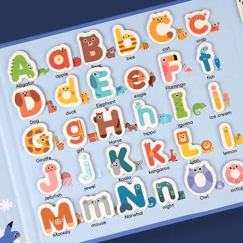 Close-up of uppercase and lowercase magnetic letters paired with pictures and English words