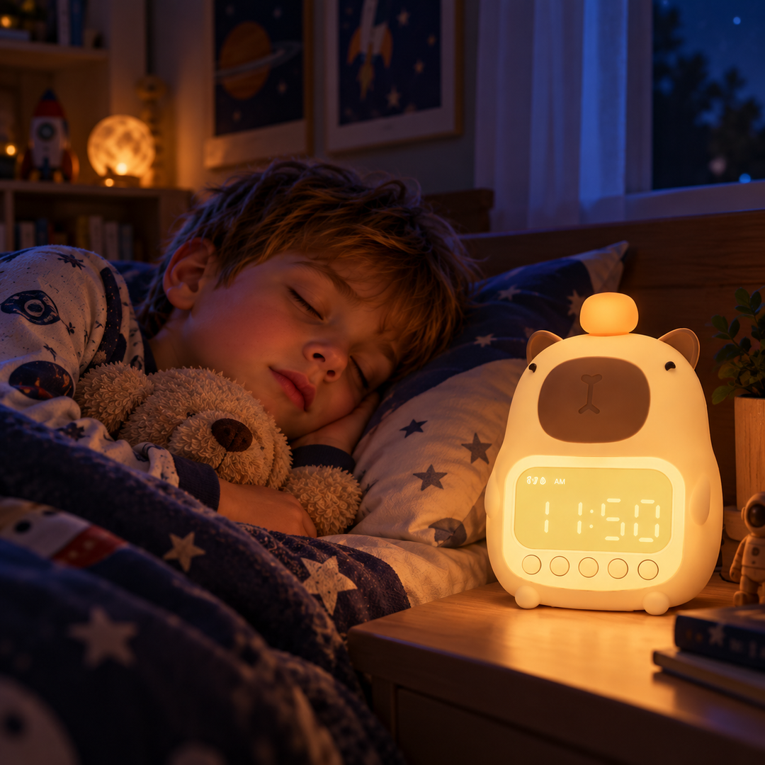Glowing upright capybara night light clock beside a sleeping child holding a teddy bear.