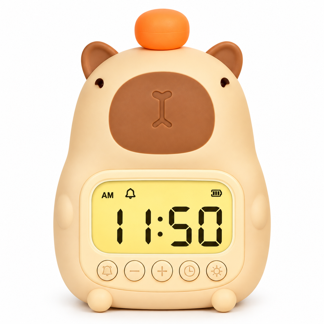 Front view of the upright capybara alarm clock with five control buttons below its digital display.