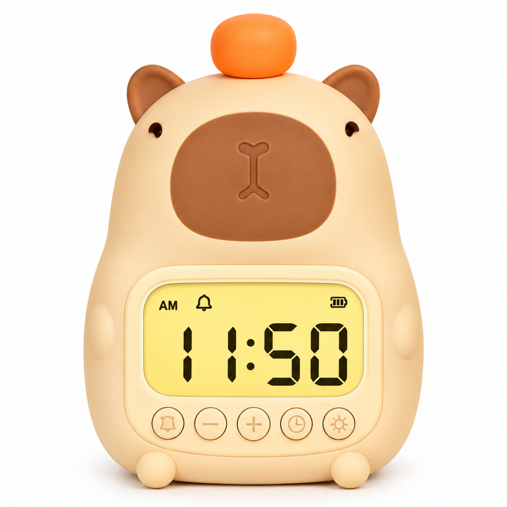 Front view of the upright capybara alarm clock with five control buttons below its digital display.