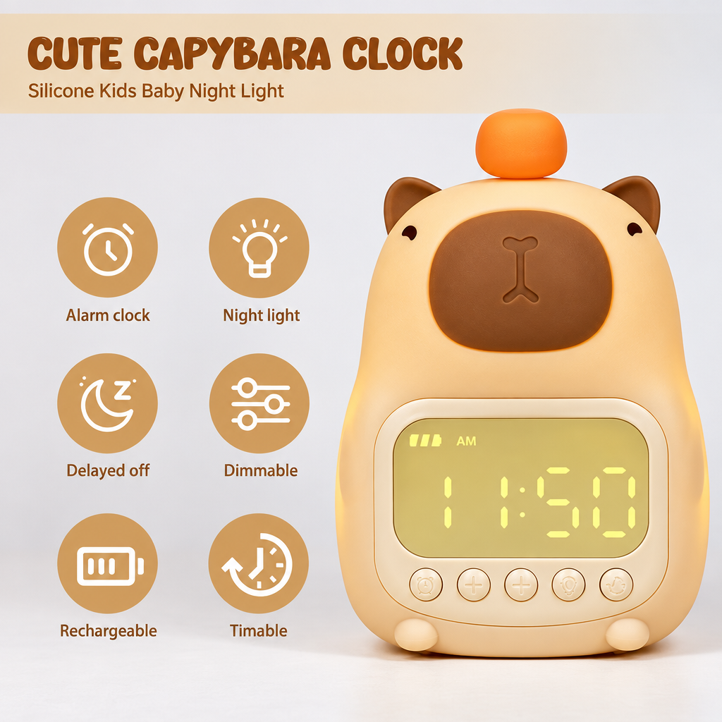 Upright capybara clock with a lit digital display and icons for alarm, night light and charging.