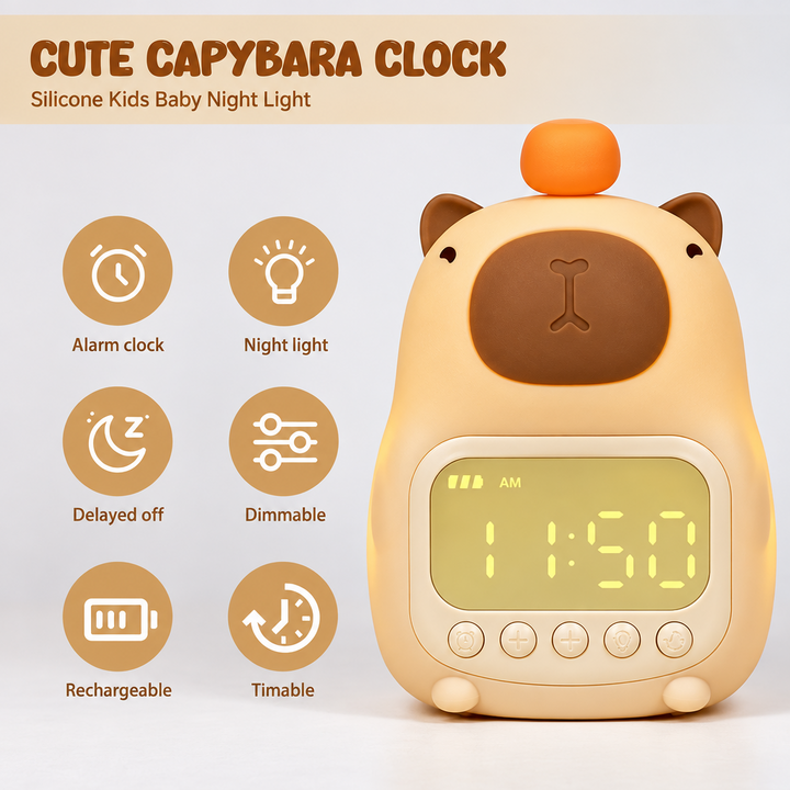 Upright capybara clock with a lit digital display and icons for alarm, night light and charging.