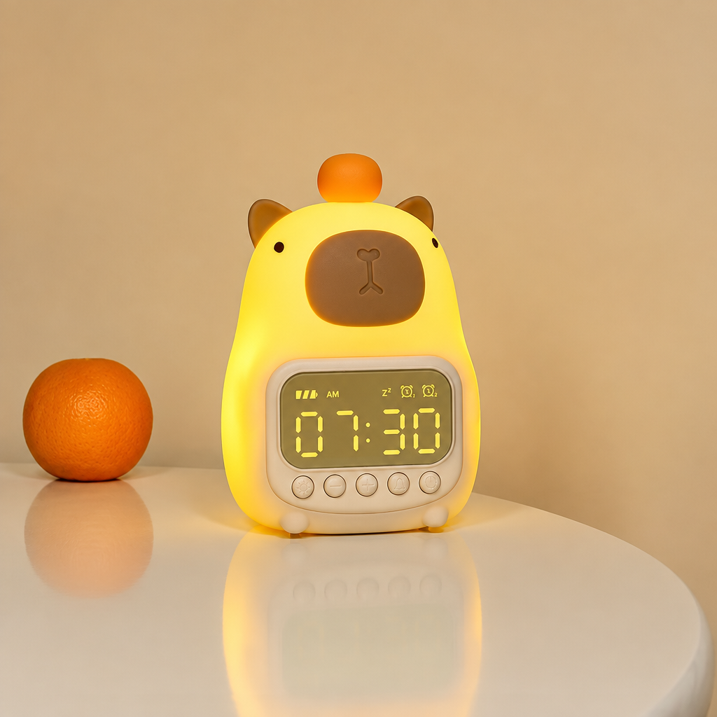Upright capybara alarm clock glowing yellow on a table next to an orange.