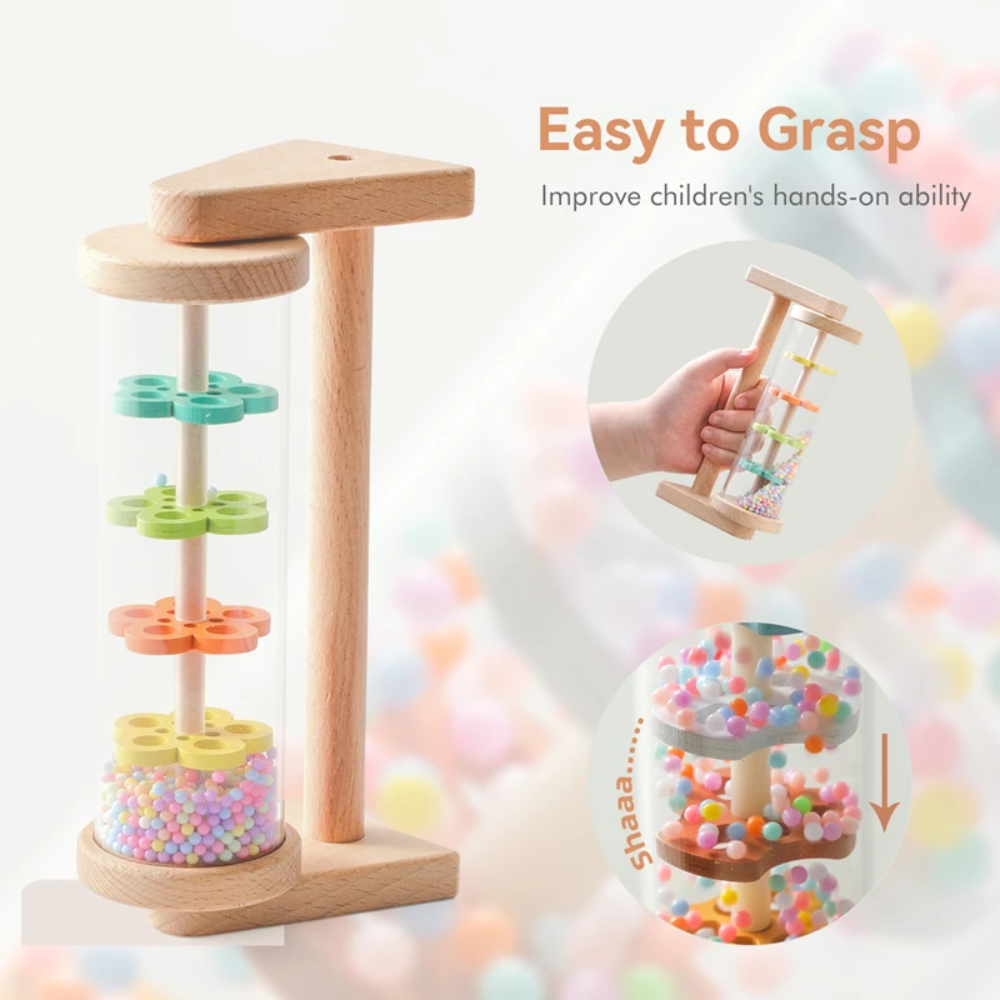 Rain sound toy shown upright with close-ups of the handhold and beads inside the clear tube.