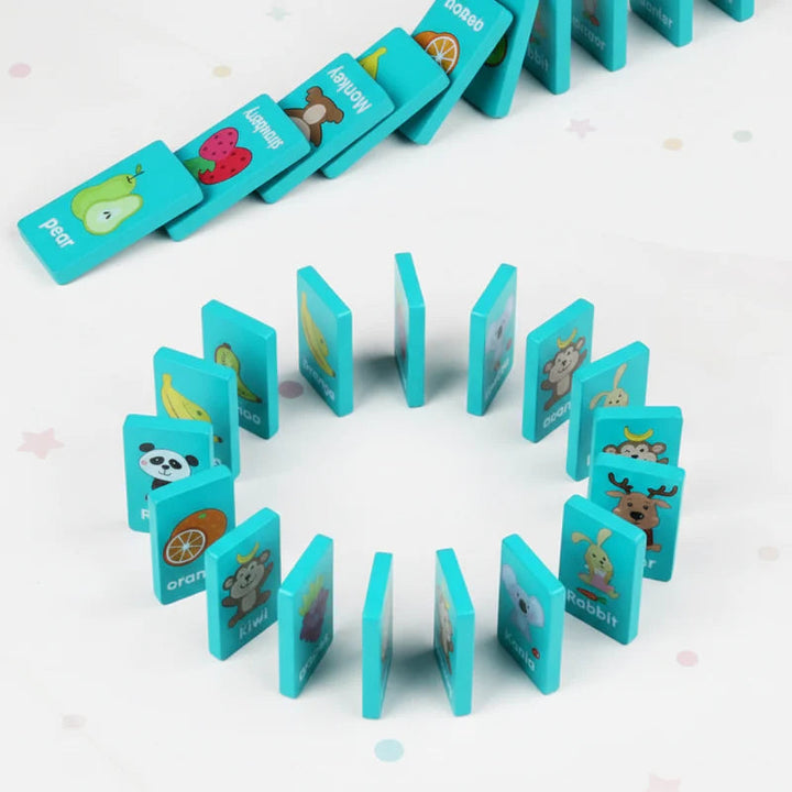 Turquoise wooden picture tiles arranged upright in curved rows