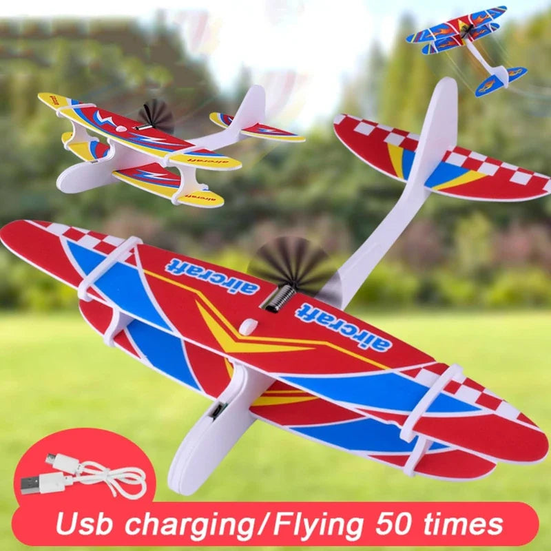 Red, blue, and white foam airplanes with a USB charging graphic