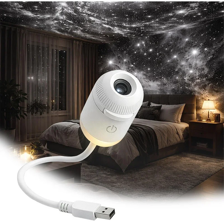 White USB galaxy projector with a flexible neck against a star-filled bedroom scene
