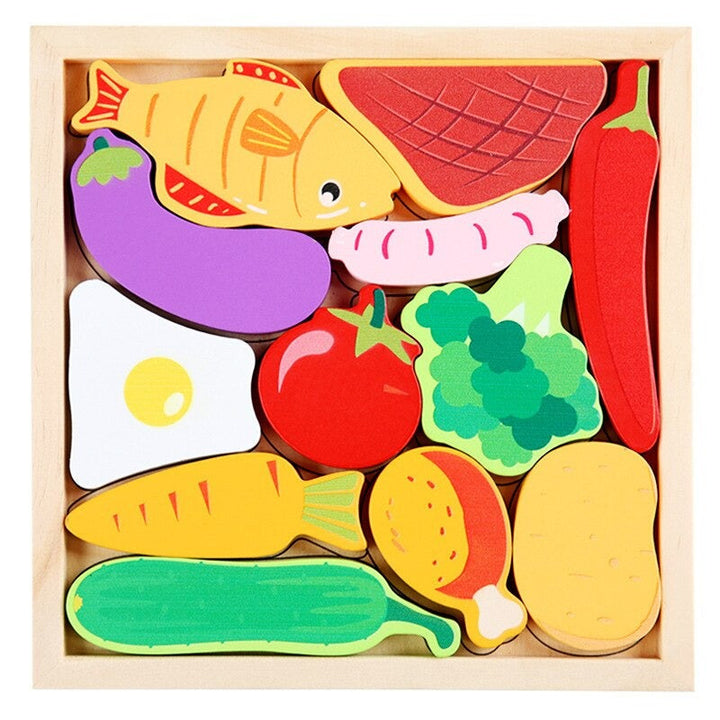 Wooden food puzzle with vegetable, fish, egg, and meat shapes in a square frame