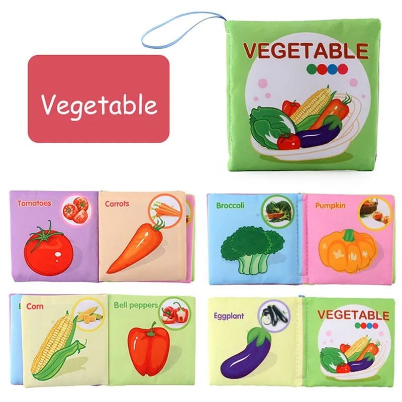 Vegetable fabric book with a green cover and illustrated tomato, carrot, broccoli, and pumpkin pages.