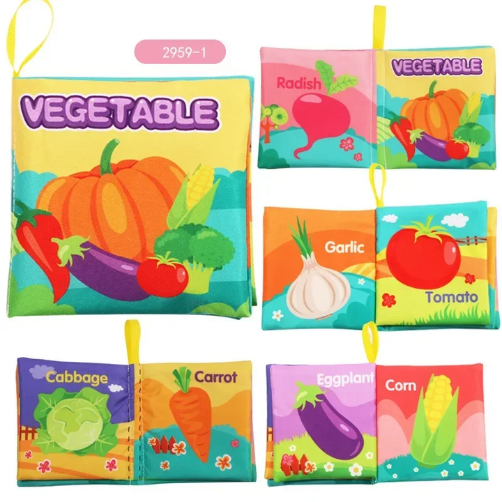 Vegetable fabric book with radish, garlic, tomato, cabbage, carrot, eggplant and corn pages