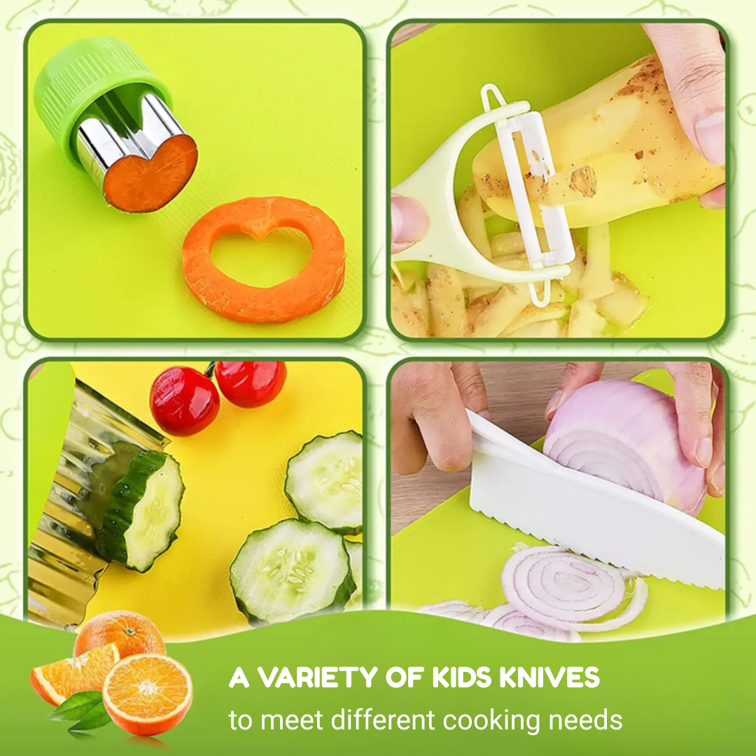 Food prep examples using a heart-shaped mold, Y-peeler, crinkle cutter, and serrated knife