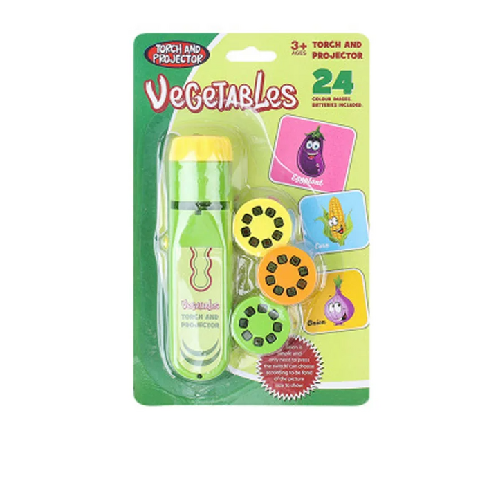 Green vegetable-themed projection flashlight with three slide discs in its package