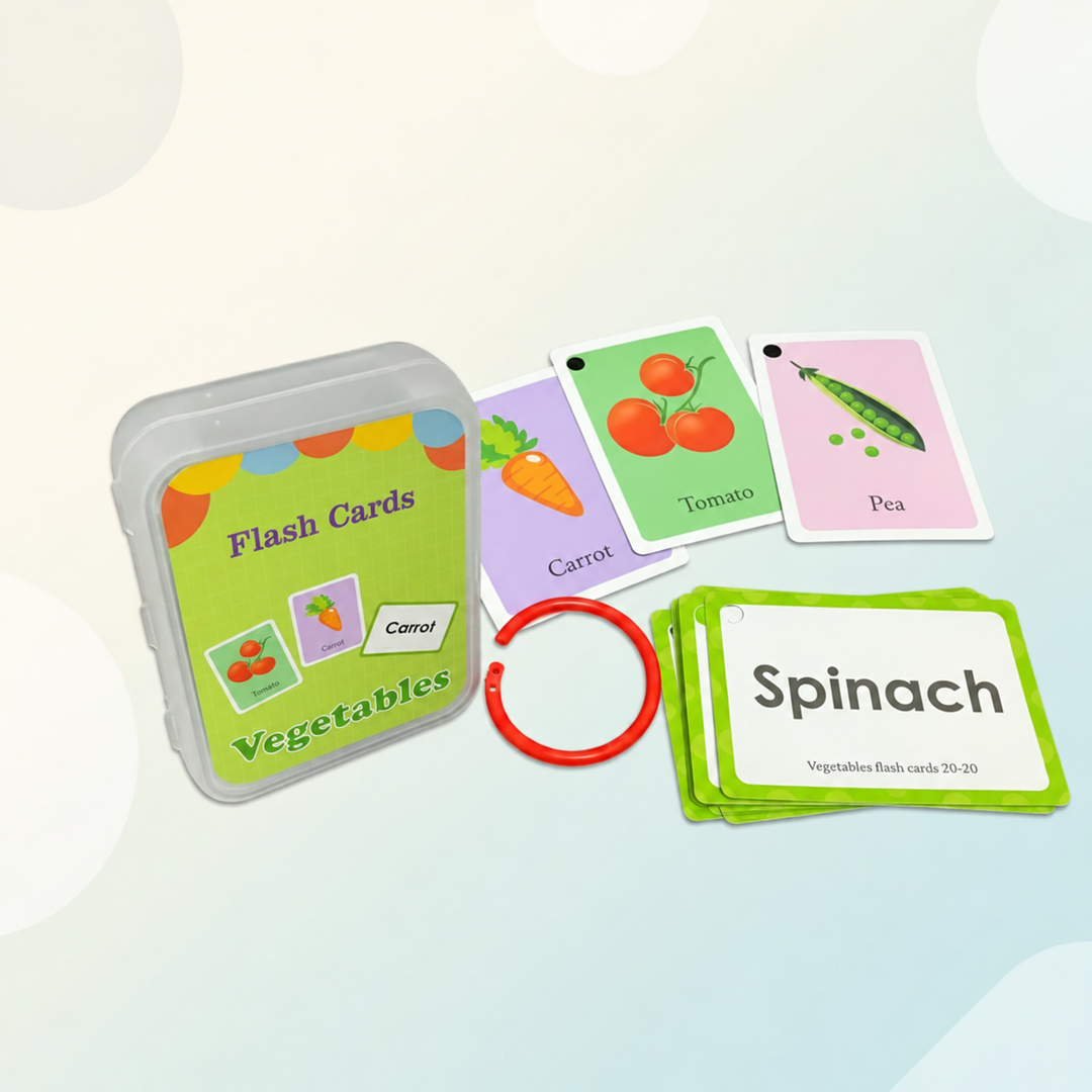 Vegetable flash cards with carrot, tomato, pea, and spinach examples beside a case and ring.