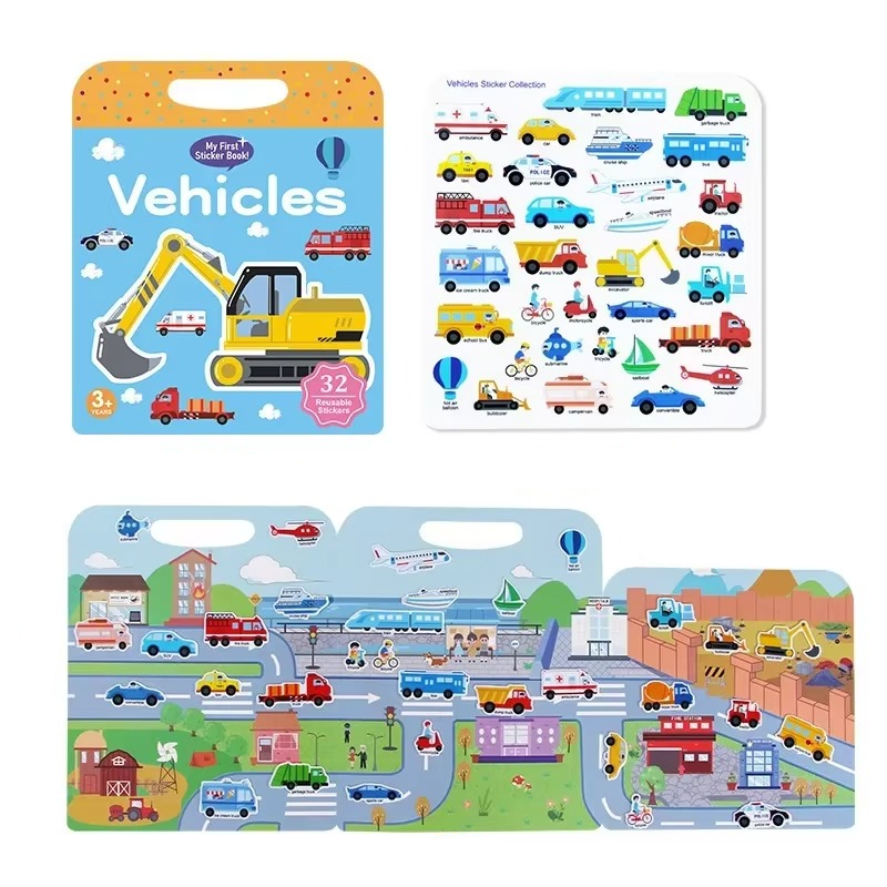 Vehicle activity book with a sticker sheet and a foldout town scene