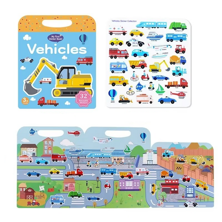 Vehicle activity book with a sticker sheet and a foldout town scene