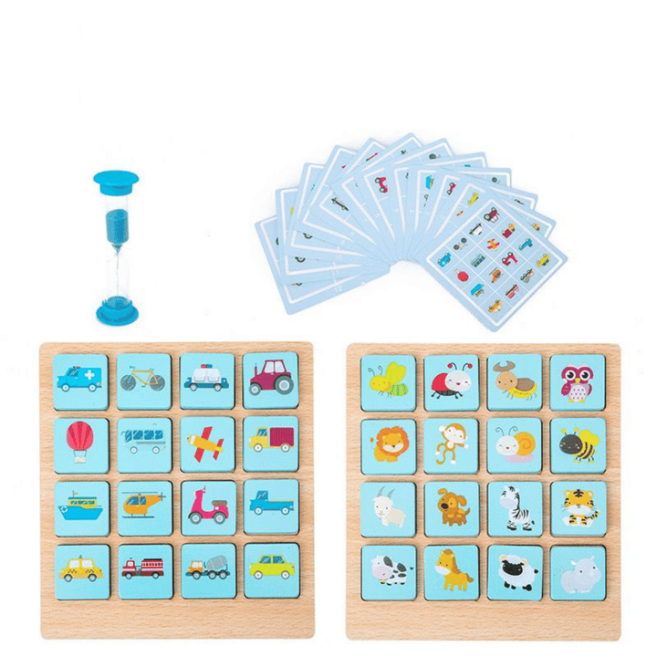 Vehicle and animal tile layouts shown with pattern cards and a blue sand timer